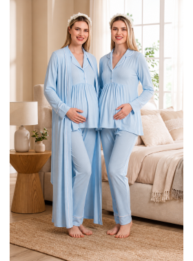 Biyeli Mavi Uzun Kollu Lohusa Hamile Pijama Takımı Sabahlık 33001